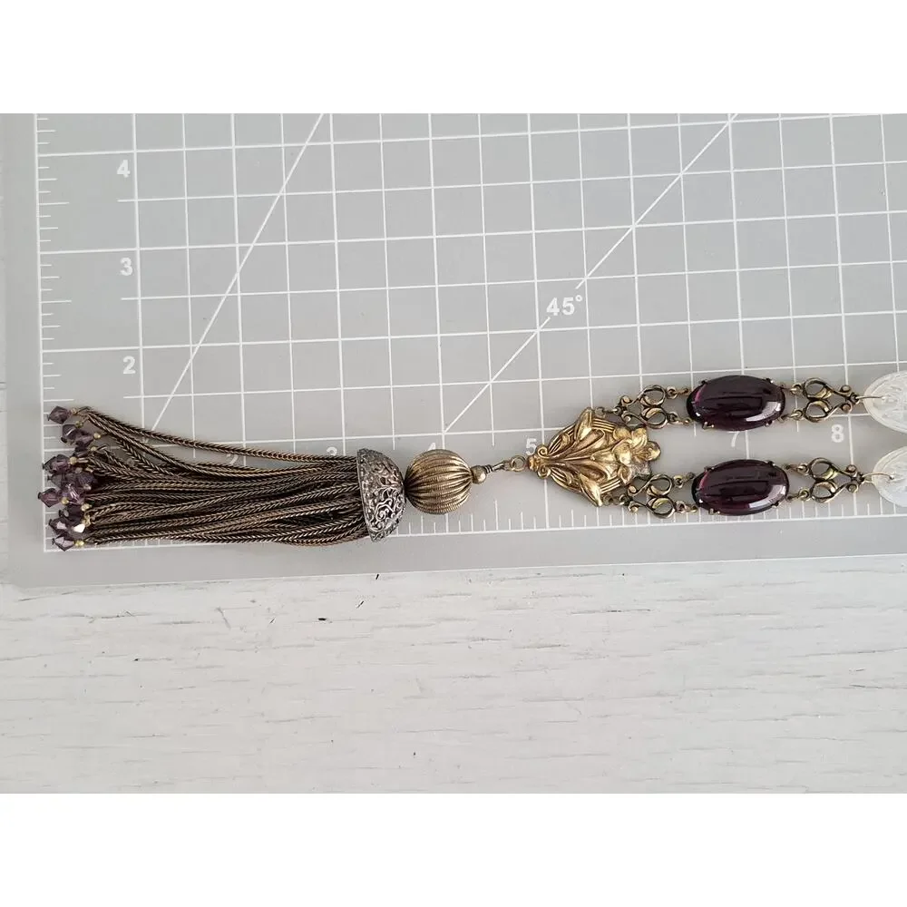 Vintage Signed Sadie Green Amethyst Colored Tassel Necklace